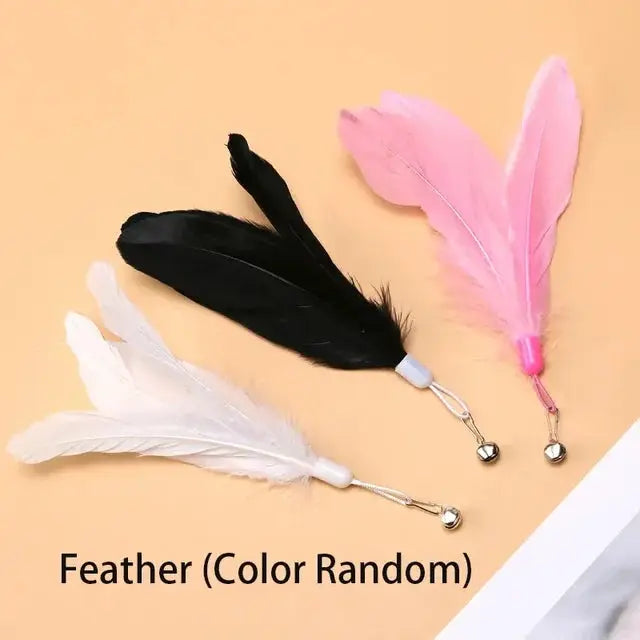 Cat Teaser Stick With Bell Extended Rod featuring feather attachments in pink, white, and black. Includes a suction base for hands-free play.