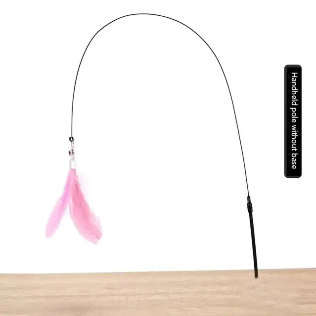 Cat Teaser Stick With Bell Extended Rod featuring feather attachments in pink, white, and black. Includes a suction base for hands-free play.