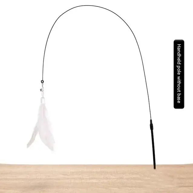 Cat Teaser Stick With Bell Extended Rod featuring feather attachments in pink, white, and black. Includes a suction base for hands-free play.