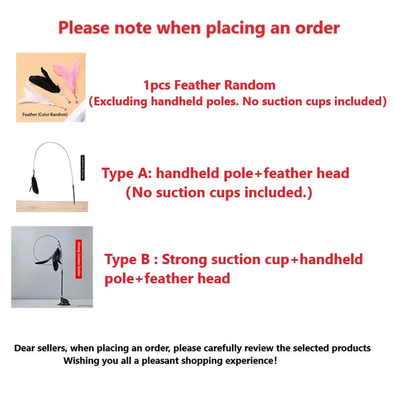 Cat Teaser Stick With Bell Extended Rod featuring feather attachments in pink, white, and black. Includes a suction base for hands-free play.