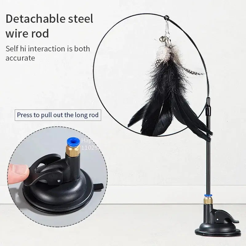 Cat Teaser Stick With Bell Extended Rod featuring a detachable steel wire rod and feather toy. Designed for interactive cat play with a suction base for stability.